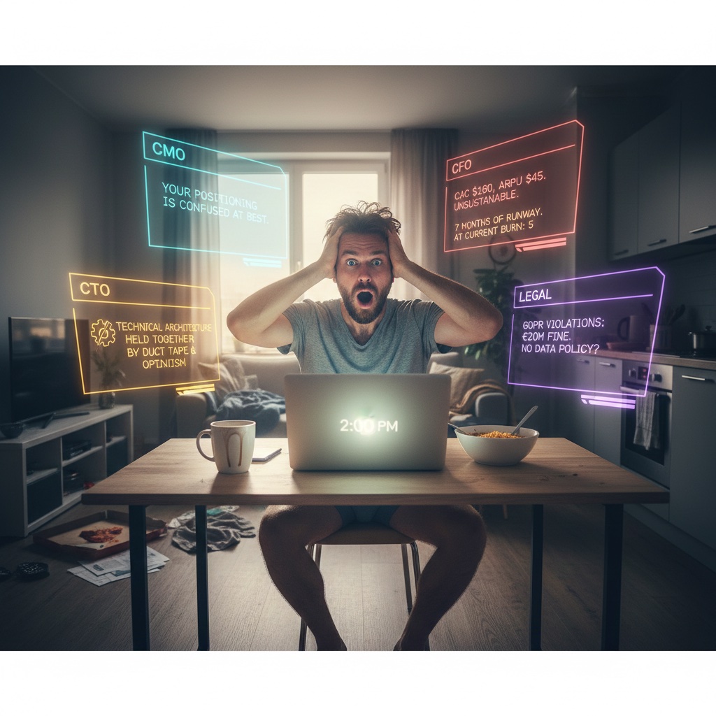 A solo founder at a conference table with holographic executives